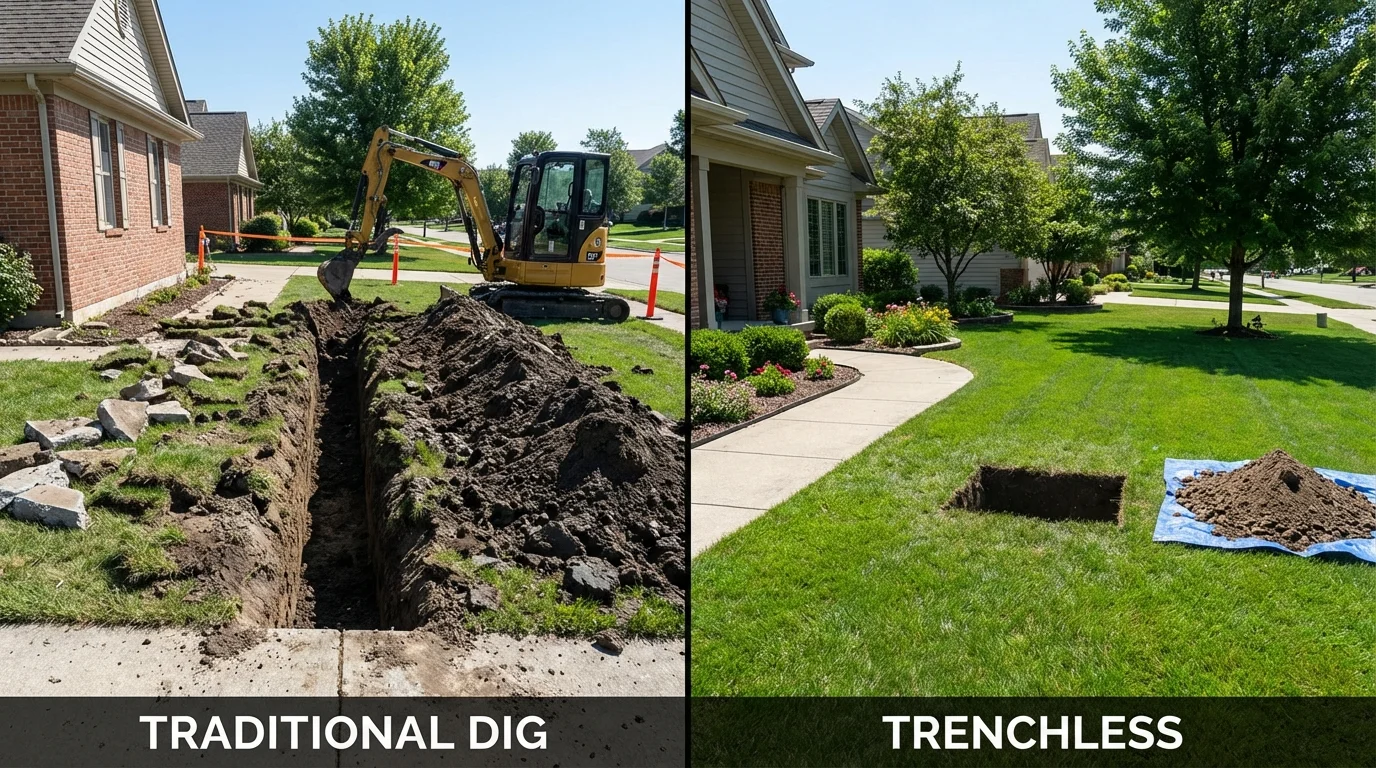 Trenchless sewer repair with minimal yard damage versus traditional excavation in Manchester, IA