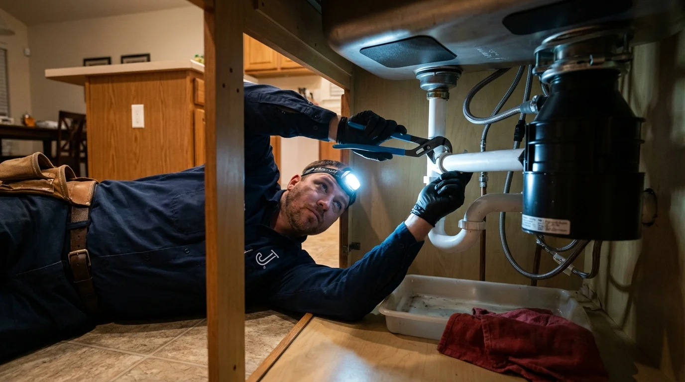 P-trap and supply line connections under a kitchen sink showing a common leak point in Manchester, IA